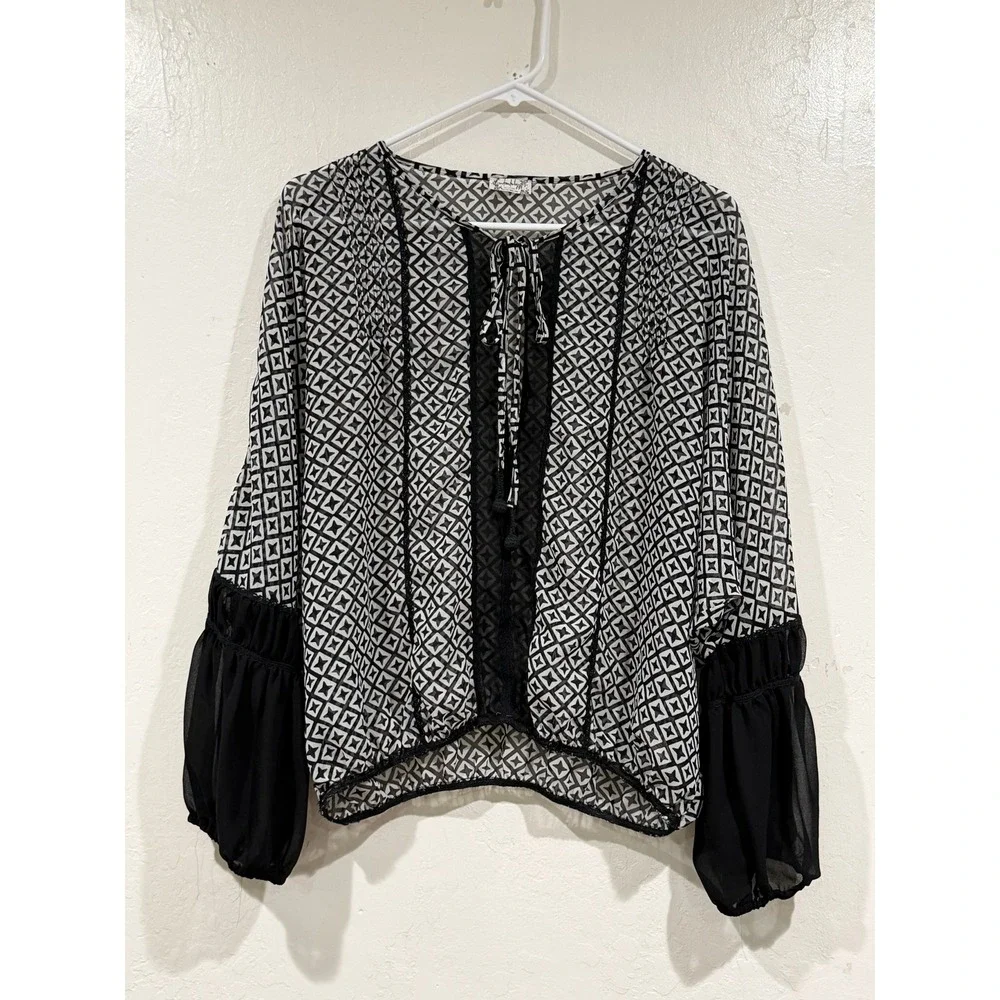 Free People Intimately Geometric Print Sheer Tie Neck Blouse Black White Small